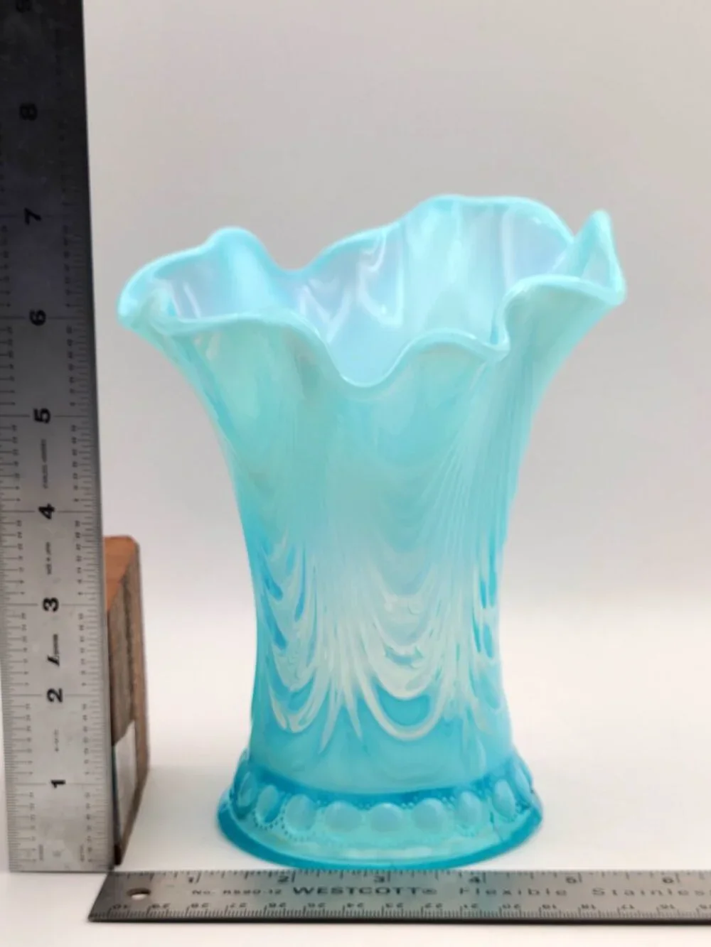 Antique Northwood Jewel & Drapery Swung Vase Blue Opalescent Glass 7